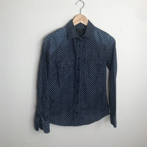 J CREW Navy Blue and White Star Print Button Up Long Sleeve Top Shirt, size 0 - Picture 2 of 4